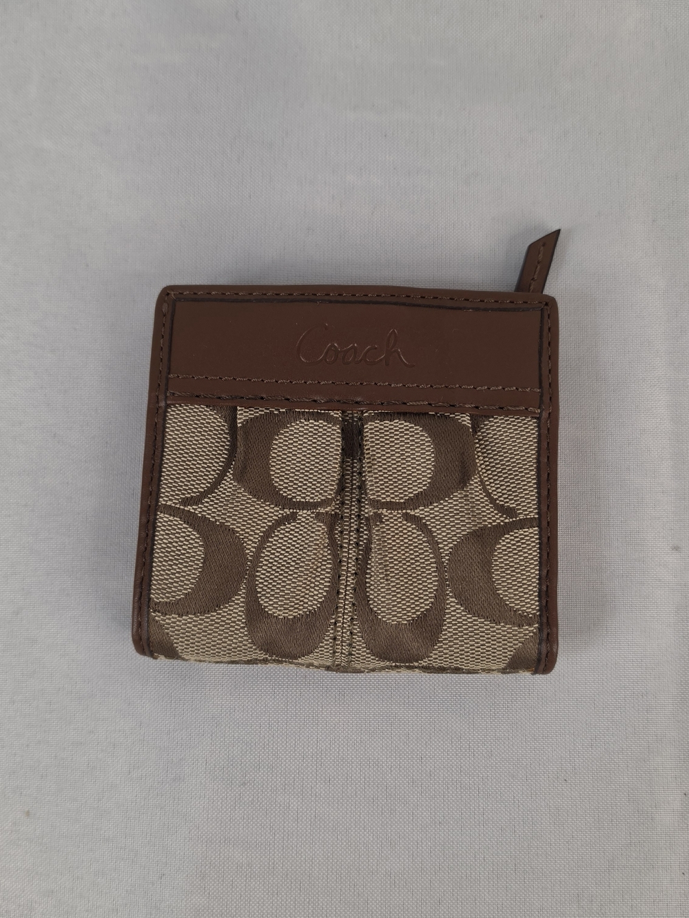 Coach Signature Compact Bifold Wallet Khaki Brown Leather Small Womens
